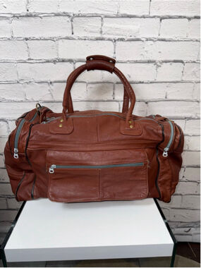 Vintage Leather Duffel Bag Brown Red Side Pickets Gym Bag 20x12x10